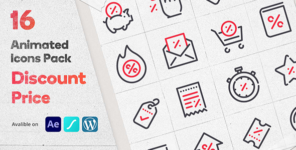 Discount Price 16 Animated Icons Pack - Wordpress Lottie Json Animation SVG