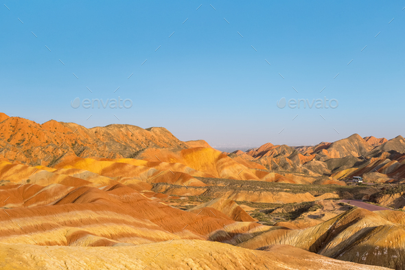 rainbow hilly landscape at dusk in zhangye - Stock Photo - Images