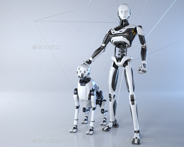 Robot and his dog posing on a light gray background - Stock Photo - Images