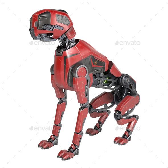 Red Robot dog sits. Isolated on a white background - Stock Photo - Images