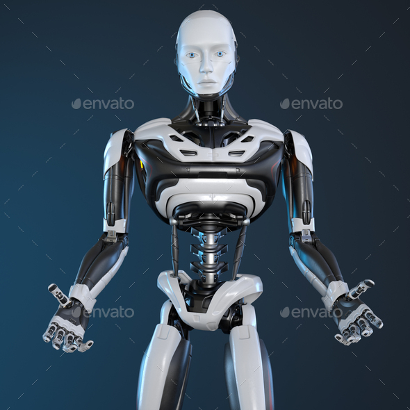 Robot android posing on a dark background - Stock Photo - Images