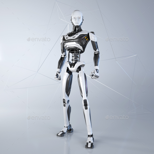 Robot android posing on a light gray background. - Stock Photo - Images