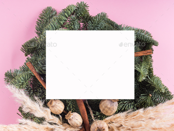 Christmas spruce wreath with white card on pink