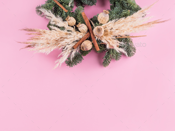 Christmas spruce wreath with dry decor on pink