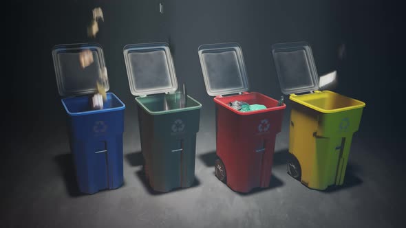 Timelapse with all kind of garbage approaching to colorful, plastic trash bins. alt