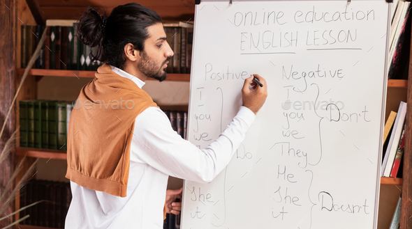 Indian Teacher Teaching English Distantly Writing On Blackboard Standing Indoors