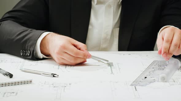 Architect Man Drawing Plan Blueprint Closeup alt