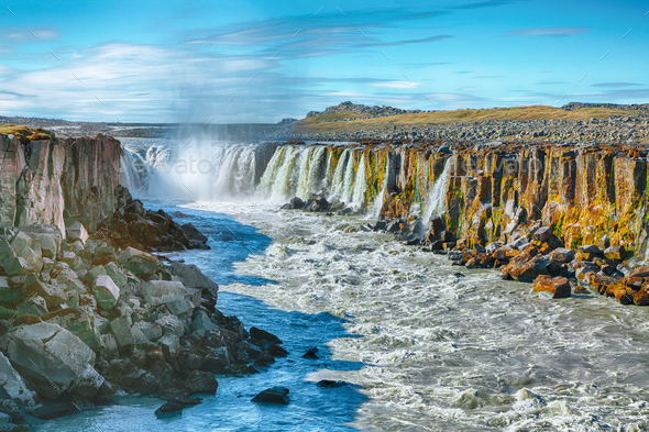 Splendid view of fantastic waterfall and cascades of Selfoss - Stock Photo - Images