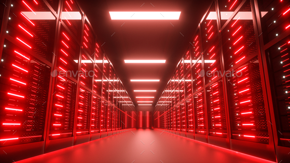 Endangered, hacked Server room interior in datacenter, red lights. 3D Render