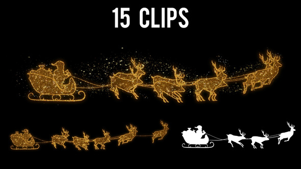 Golden Particles Santa Claus Riding Sleigh with Reindeer - 15 Clips