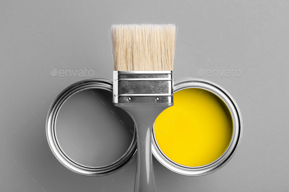Gray and Yellow Paints with Gray Paintbrush. - Stock Photo - Images
