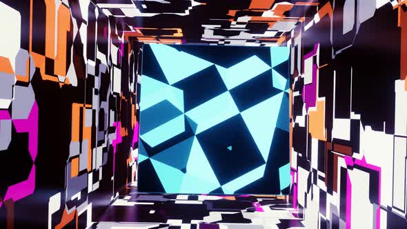 Vj Loop Flight Of A Blue Glossy Cube In A Colorful Tunnel 02