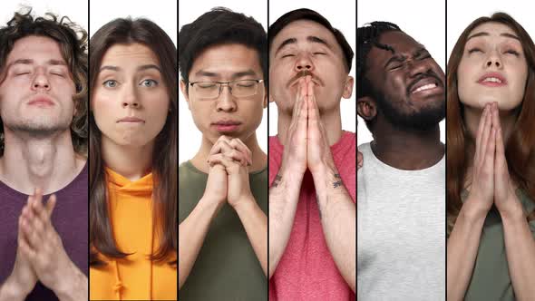 Multiscreen Collage of Diverse Young People Praying Pleading for Help