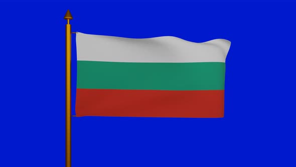National flag of Bulgaria waving with flagpole on chroma key, zname na Balgariya or Bulgaria flag alt
