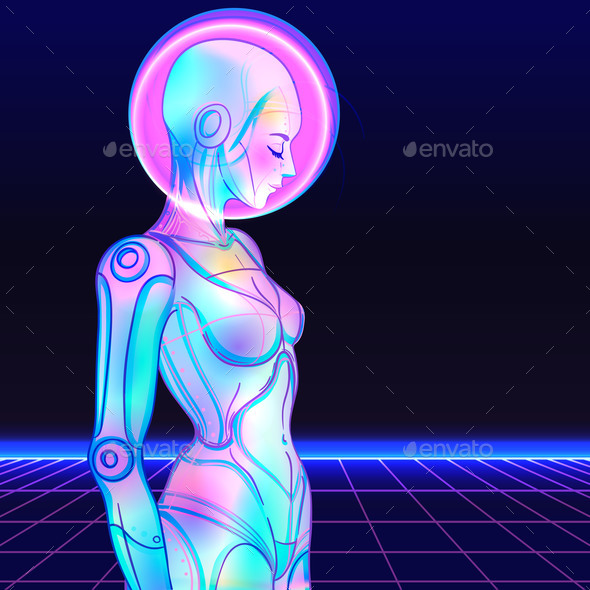 Portrait of Robot Android Woman in Retro Futurism, Vectors