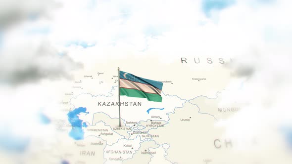 Uzbekistan Map And Flag With Clouds