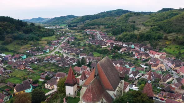 Aerial View of the Fortified Church of Biertan in Transylvania Romania alt
