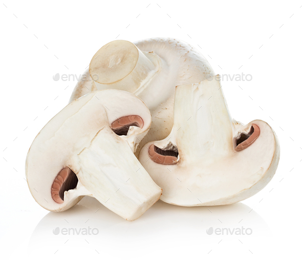 Fresh mushrooms champignon and half isolated on white background with clipping path - Stock Photo - Images