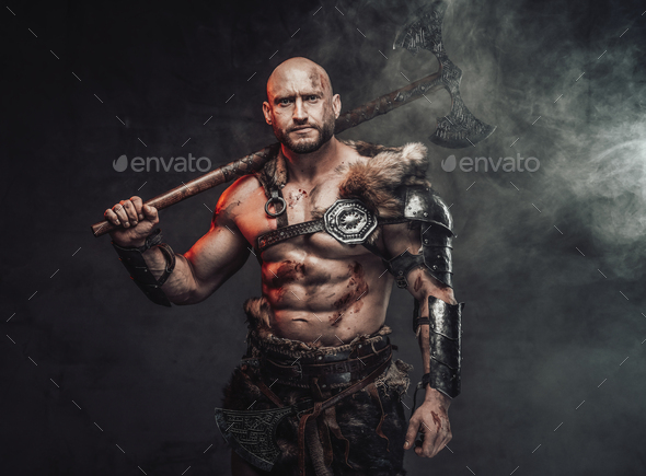 Violent Topless Viking Holding Huge Axe On His Shoulder In Smokey Background Stock Photo By Fxquadro