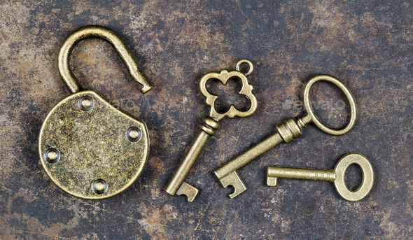 Antique padlock and keys, escape room game concept