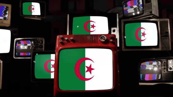 Flag of Algeria on Retro TVs. 4K.