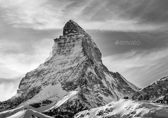 Black and white shot of Matterhorn from Zermatt, Switzerland Stock ...