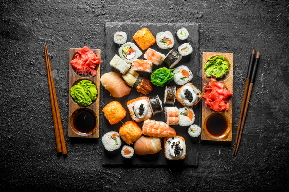 Assorted Japanese sushi roll set on white background. Sushi menu