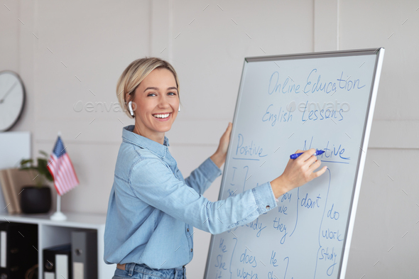 Young happy teacher giving online English lesson, standing near blackboard with grammar rules