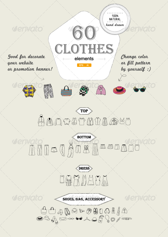 60 Hand-drawn Clothes elements - Decorative Vectors