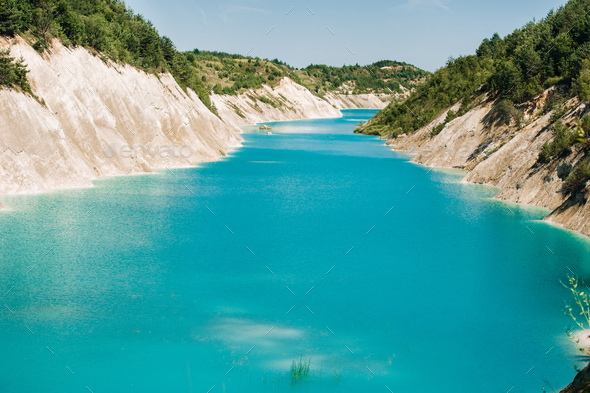 Volkovysk chalk pits or Belarusian Maldives beautiful saturated blue lakes. Famous chalk quarries - Stock Photo - Images