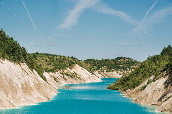 Volkovysk chalk pits or Belarusian Maldives beautiful saturated blue lakes. Famous chalk quarries - Stock Photo - Images