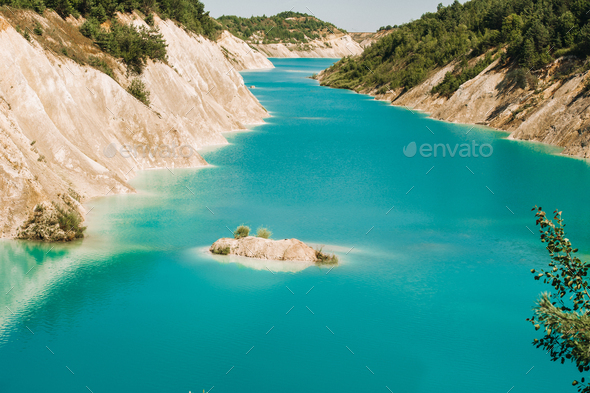 Volkovysk chalk pits or Belarusian Maldives beautiful saturated blue lakes. Famous chalk quarries - Stock Photo - Images