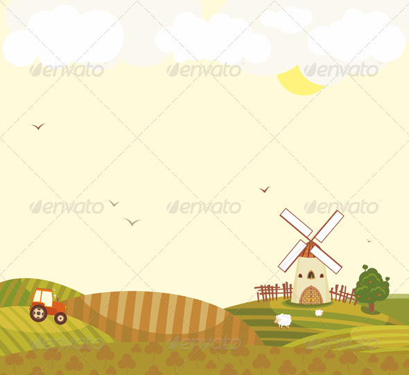 Rural Landscape Windmill Tractor Field Sheep - Landscapes Nature