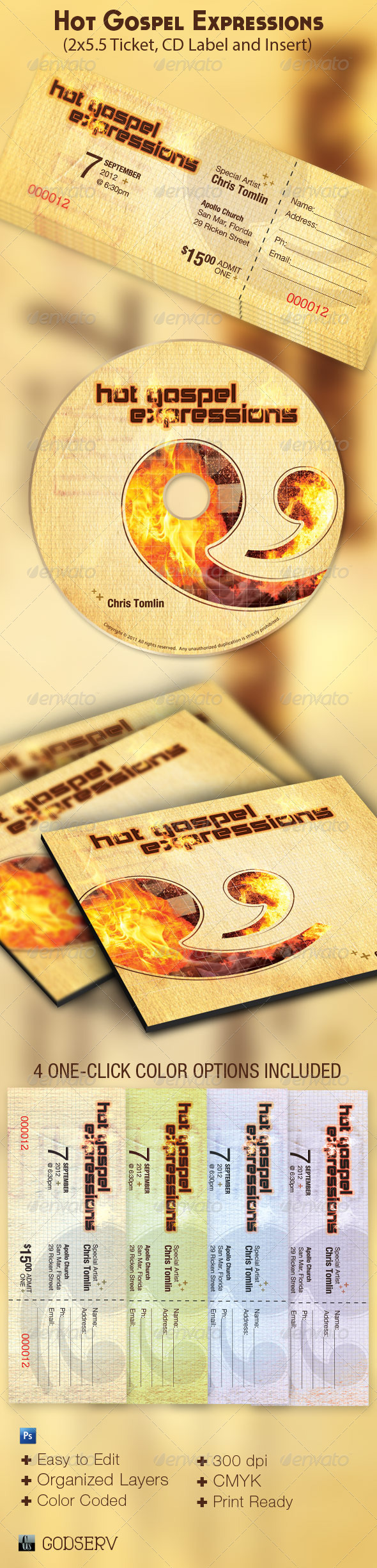 Hot Gospel Concert Ticket CD Template - Miscellaneous Print Templates