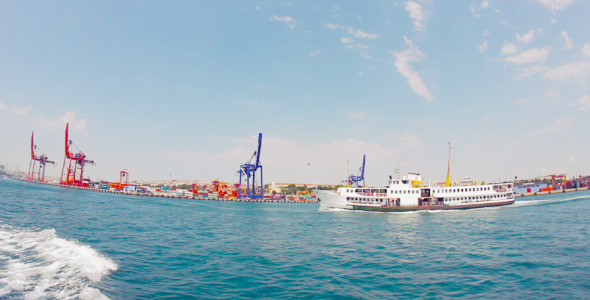 Istanbul Ferry In Bosphorus Wide Angle