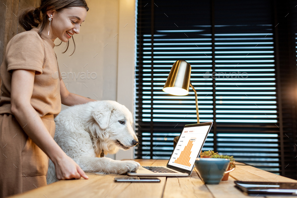 Woman with a dog in the office