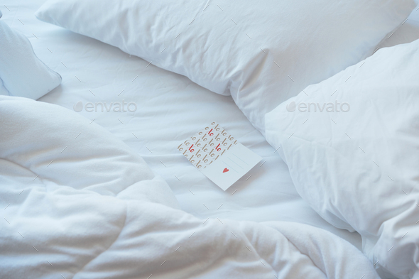 Download Be My Valentine Valentine S Day Card On The Bed On The Sheet Mockup For Text Stock Photo By Titovailona