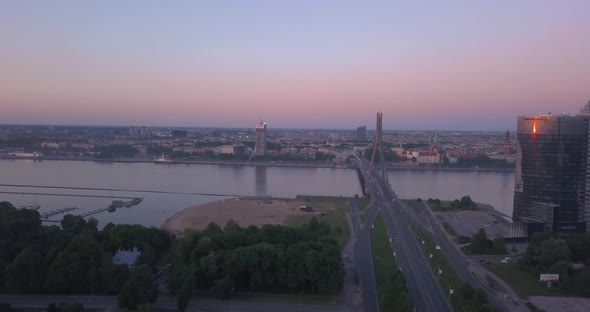 aerial view of the sunset over Old town of Riga alt