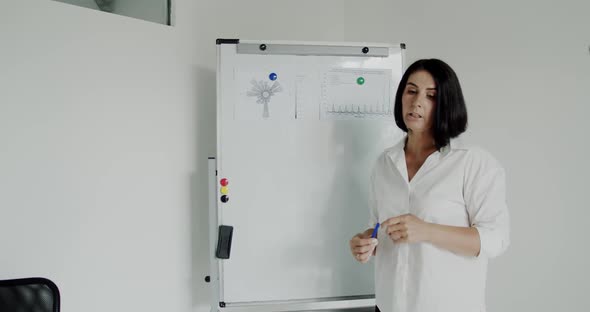 Female Speaker Conducts Lecture in Office Demonstrates Topic at Whiteboard alt