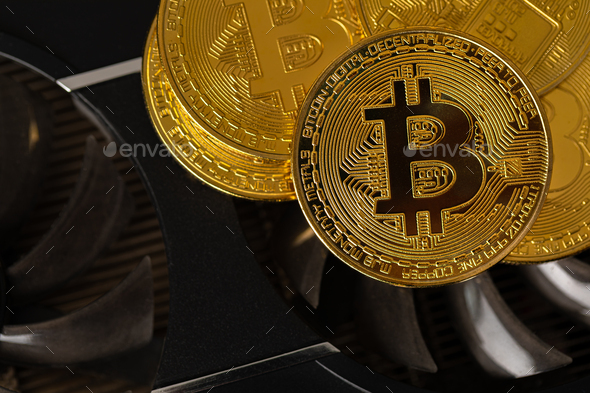 Gold bitcoins on crypto mining GPU computer hardware