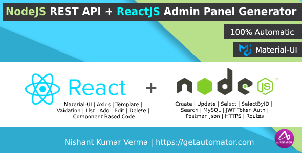 Download NodeJS REST API + ReactJS Admin Panel Generator from MySQL + JWT + Postman Json by gyanverma2