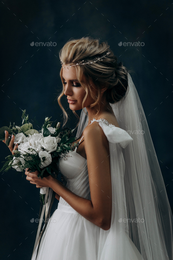 Beautiful Sexy Blonde Bride Posing Wedding Dress White Room Stock Photo by  ©irinanevaa.gmail.com 214725598