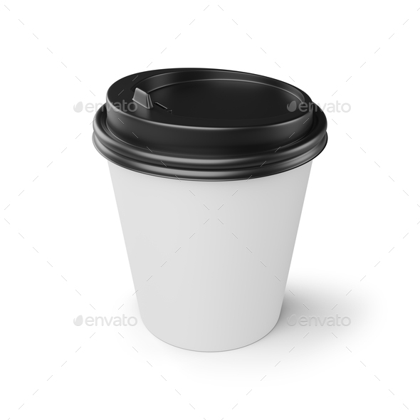 White Coffee Paper Cup With Black Lid Isolated On White. 3d Rendering 