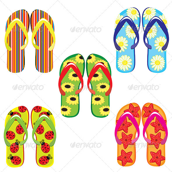 Five pairs of colorful flip flops - Man-made Objects Objects
