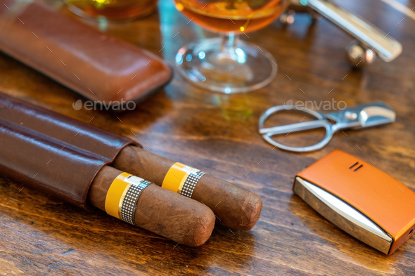 Close-up Of Luxury Cigar Set On The Wooden Table Indoors Stock Photo,  Picture and Royalty Free Image. Image 113400729.