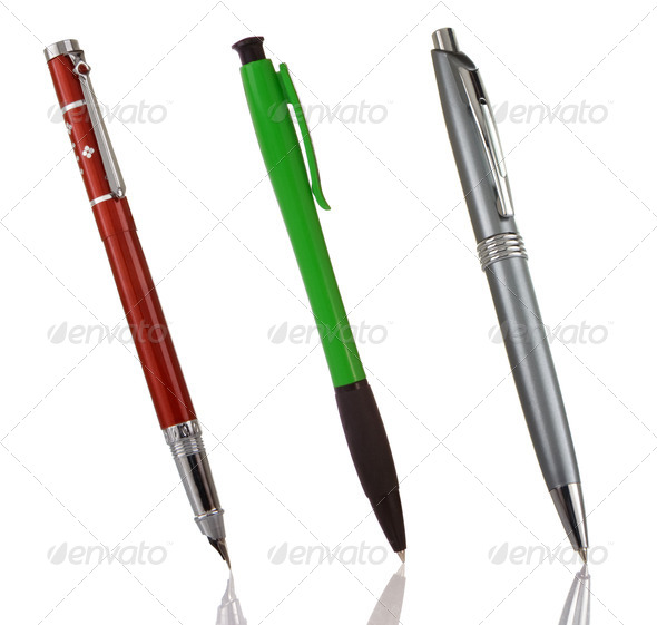 black, blue and silver shining pens isolated on white - Stock Photo - Images