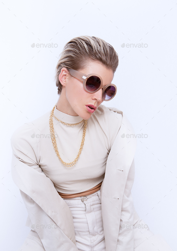 Blonde Girl Short Hair Style Fashion Glasses Stock Photo by