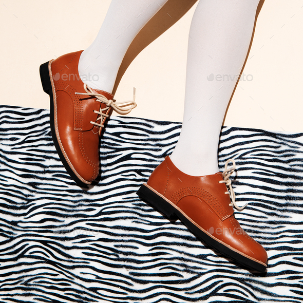 Fashion retro shoes on  minimal zebra print background. Stylish footwear concept - Stock Photo - Images