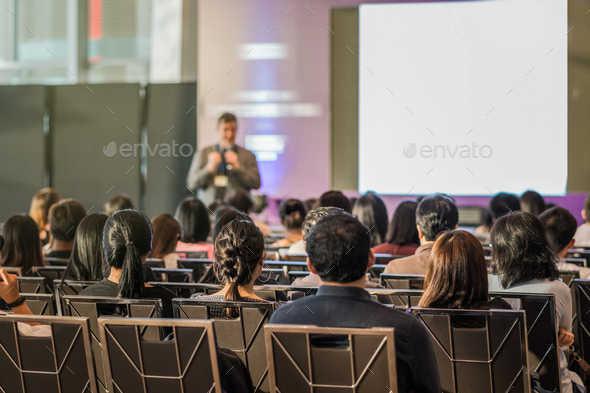 Download Rear View Of Audience In The Conference Hall Or Seminar Meeting Which Have Speaker Stock Photo By Thananit S