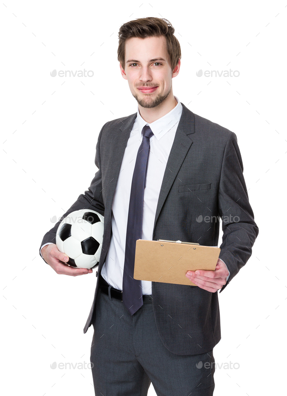 Football trainer hold with soccer ball and clipboard